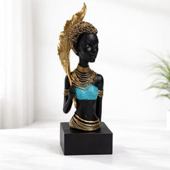 African Lady Decorative Showpiece Statue with Golden Leaf | 16 Inch Luxury Resin Figurine for Living Room, Office, Console Table & Home Decor