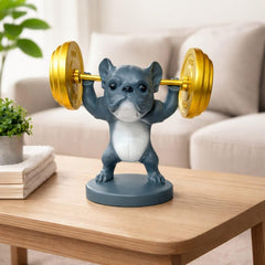Fitness Dog Statue Decorative Showpiece – Weightlifting Dog Figurine with Dumbbells | Modern Resin Animal Sculpture for Living Room, Bedroom, Office Desk & Shelf Decor