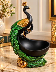 Premium Peacock Decorative Bowl – Black, Green & Gold Elegant Tabletop Showpiece | 11 Inch