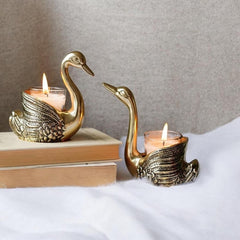 Golden Swan Tealight Candle Holder Set of 2 – Premium Decorative Metal Candle Stand for Home Decor, Dining Table & Gifting