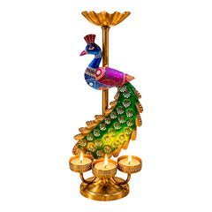 Royal Peacock Diya Candle Holder – Handcrafted Brass 3-Tealight Decorative Stand | 12 × 8 Inch