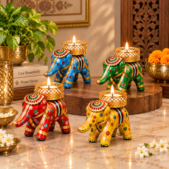 Rajasthani Elephant Tealight Candle Holder – Set of 4 | Handcrafted Colorful Elephant Decor