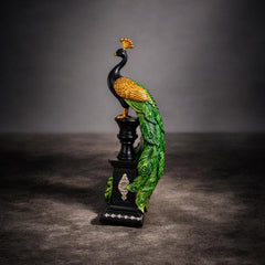 Premium Decorative Peacock Showpiece with Green Feather Tail – 13 Inch Luxury Home Décor Statue