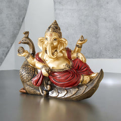 Elegant Polyresin Lord Ganesha on Peacock Figurine | Divine Home Decor Showpiece for Living Room, Office & Temple | Spiritual Gift Item