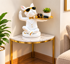 Premium White Bulldog Butler Showpiece with Gold Accents & Tray – 11 Inch