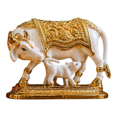 Kamadhenu Cow & Calf Statue – White and Golden Decorative Showpiece for Home, Pooja & Office
