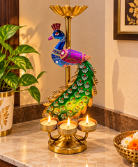 Royal Peacock Diya Candle Holder – Handcrafted Brass 3-Tealight Decorative Stand | 12 × 8 Inch