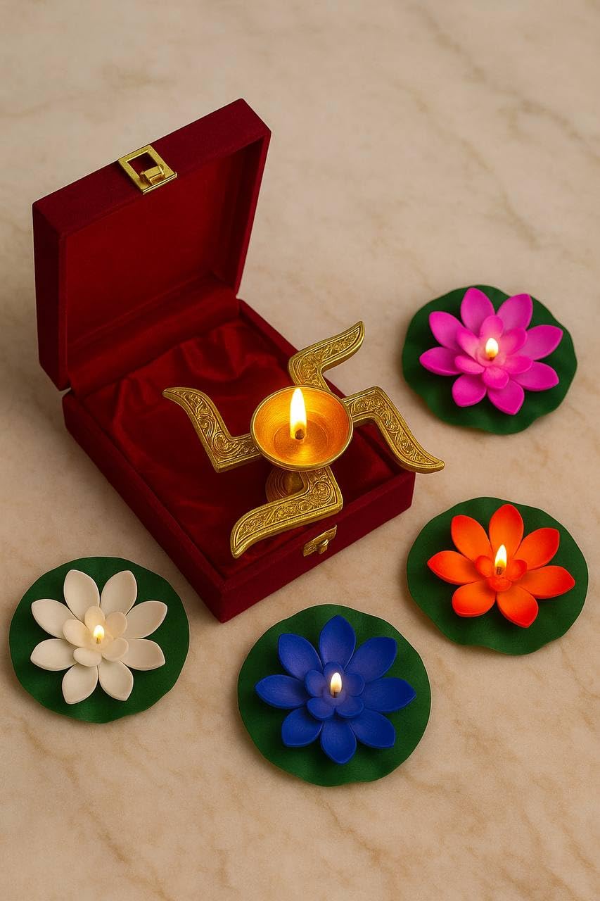 Traditional Brass Swastik Diya Set with Decorative Lotus Floating Candles, Red Velvet Gift Box, 5 Pieces Diwali Puja Collection