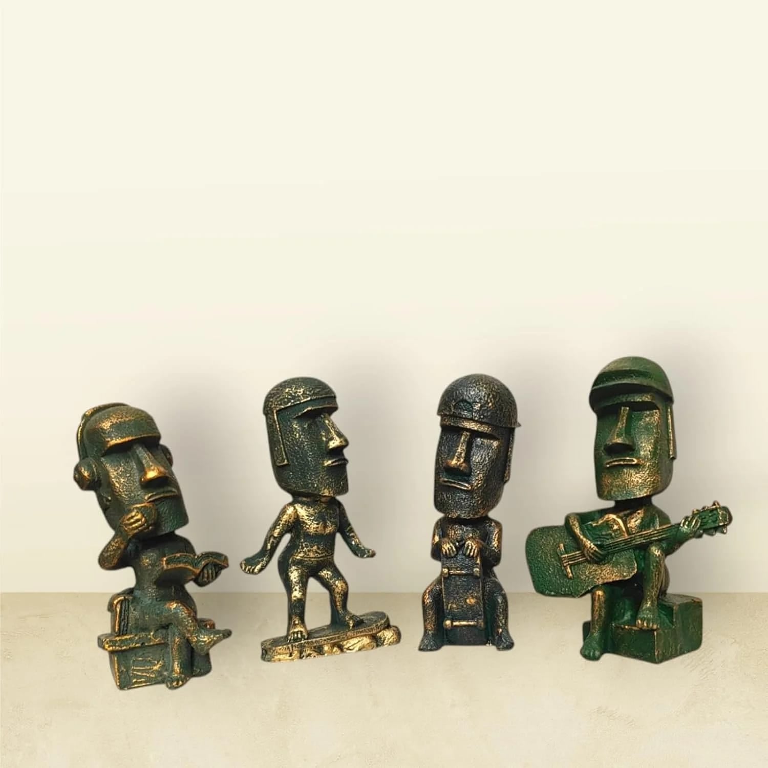 Moai Statue Combo Set – Black & Gold Antique Finish Resin Figurines | Reading, Music & Relaxing Decorative Showpieces for Home, Office & Living Room Decor