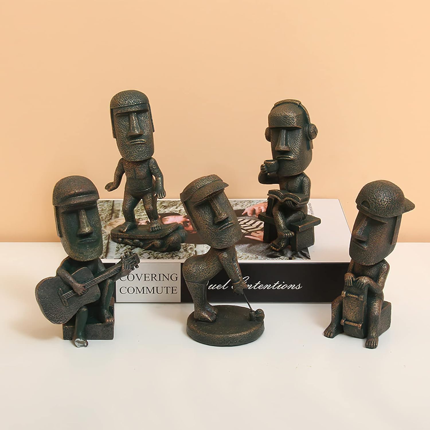 Moai Statue Combo Set – Black & Gold Antique Finish Resin Figurines | Reading, Music & Relaxing Decorative Showpieces for Home, Office & Living Room Decor