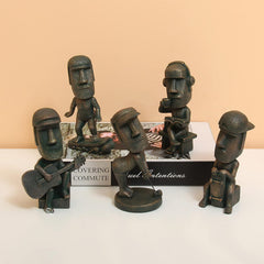 Moai Statue Combo Set – Black & Gold Antique Finish Resin Figurines | Reading, Music & Relaxing Decorative Showpieces for Home, Office & Living Room Decor