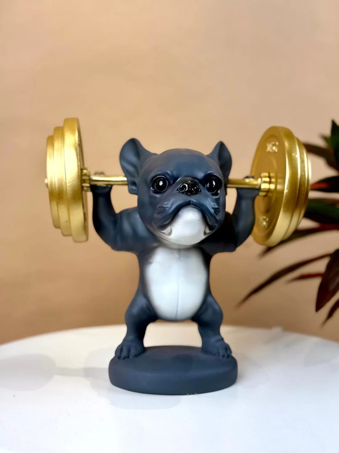 Fitness Dog Statue Decorative Showpiece – Weightlifting Dog Figurine with Dumbbells | Modern Resin Animal Sculpture for Living Room, Bedroom, Office Desk & Shelf Decor