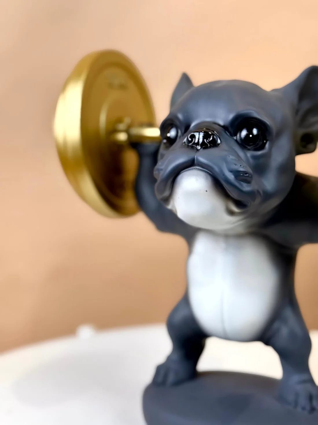 Fitness Dog Statue Decorative Showpiece – Weightlifting Dog Figurine with Dumbbells | Modern Resin Animal Sculpture for Living Room, Bedroom, Office Desk & Shelf Decor