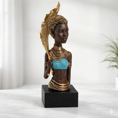 African Lady Decorative Showpiece Statue with Golden Leaf | 16 Inch Luxury Resin Figurine for Living Room, Office, Console Table & Home Decor