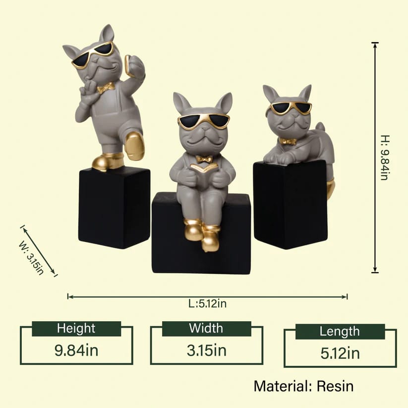 Luxury Bulldog Figurine Set of 3 with Sunglasses & Gold Accents | Resin Decorative Showpieces for Home & Office Decor