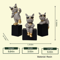 Luxury Bulldog Figurine Set of 3 with Sunglasses & Gold Accents | Resin Decorative Showpieces for Home & Office Decor