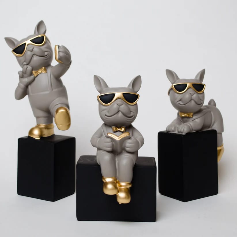 Luxury Bulldog Figurine Set of 3 with Sunglasses & Gold Accents | Resin Decorative Showpieces for Home & Office Decor