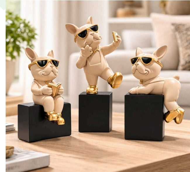 Luxury Bulldog Figurine Set of 3 with Sunglasses & Gold Accents | Resin Decorative Showpieces for Home & Office Decor