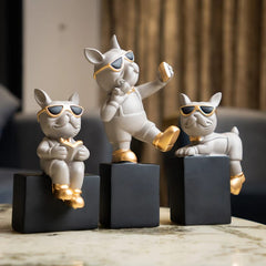 Luxury Bulldog Figurine Set of 3 with Sunglasses & Gold Accents | Resin Decorative Showpieces for Home & Office Decor