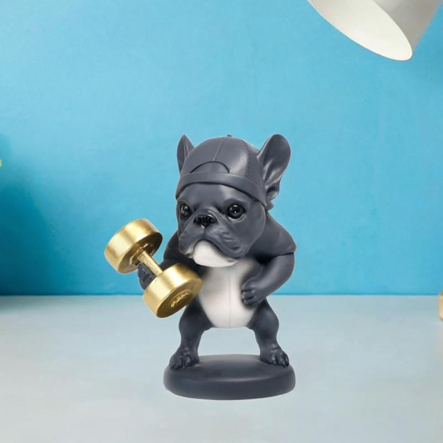 Fitness Dog Statue Decorative Showpiece – Weightlifting Dog Figurine with Dumbbells | Modern Resin Animal Sculpture for Living Room, Bedroom, Office Desk & Shelf Decor