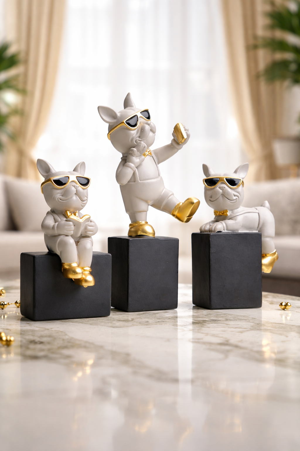 Luxury Bulldog Figurine Set of 3 with Sunglasses & Gold Accents | Resin Decorative Showpieces for Home & Office Decor