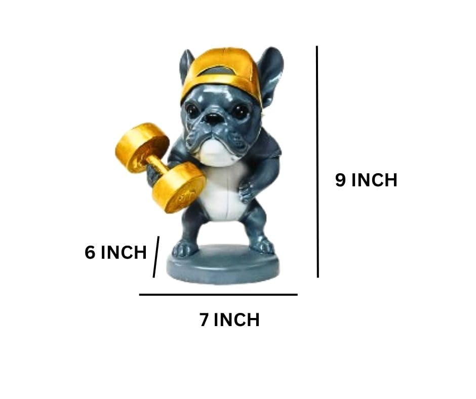 Fitness Dog Statue Decorative Showpiece – Weightlifting Dog Figurine with Dumbbells | Modern Resin Animal Sculpture for Living Room, Bedroom, Office Desk & Shelf Decor
