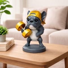 Fitness Dog Statue Decorative Showpiece – Weightlifting Dog Figurine with Dumbbells | Modern Resin Animal Sculpture for Living Room, Bedroom, Office Desk & Shelf Decor