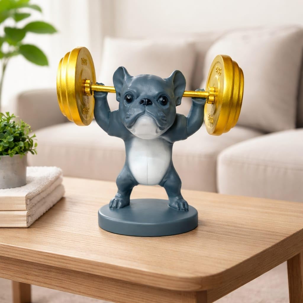 Fitness Dog Statue Decorative Showpiece – Weightlifting Dog Figurine with Dumbbells | Modern Resin Animal Sculpture for Living Room, Bedroom, Office Desk & Shelf Decor