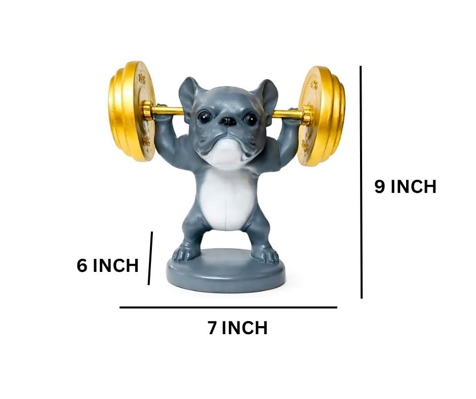 Fitness Dog Statue Decorative Showpiece – Weightlifting Dog Figurine with Dumbbells | Modern Resin Animal Sculpture for Living Room, Bedroom, Office Desk & Shelf Decor