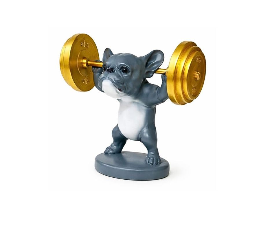 Fitness Dog Statue Decorative Showpiece – Weightlifting Dog Figurine with Dumbbells | Modern Resin Animal Sculpture for Living Room, Bedroom, Office Desk & Shelf Decor