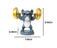 Fitness Dog Statue Decorative Showpiece – Weightlifting Dog Figurine with Dumbbells | Modern Resin Animal Sculpture for Living Room, Bedroom, Office Desk & Shelf Decor
