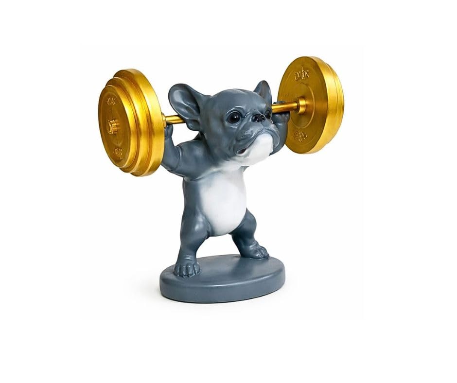 Fitness Dog Statue Decorative Showpiece – Weightlifting Dog Figurine with Dumbbells | Modern Resin Animal Sculpture for Living Room, Bedroom, Office Desk & Shelf Decor