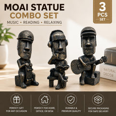 Moai Statue Combo Set – Black & Gold Antique Finish Resin Figurines | Reading, Music & Relaxing Decorative Showpieces for Home, Office & Living Room Decor