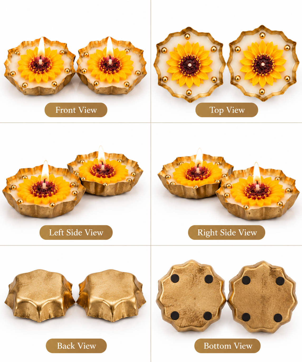 Sunflower Wax Tealight Candle Holder – Set of 4 | Golden Decorative Diya for Home Decor & Gifting