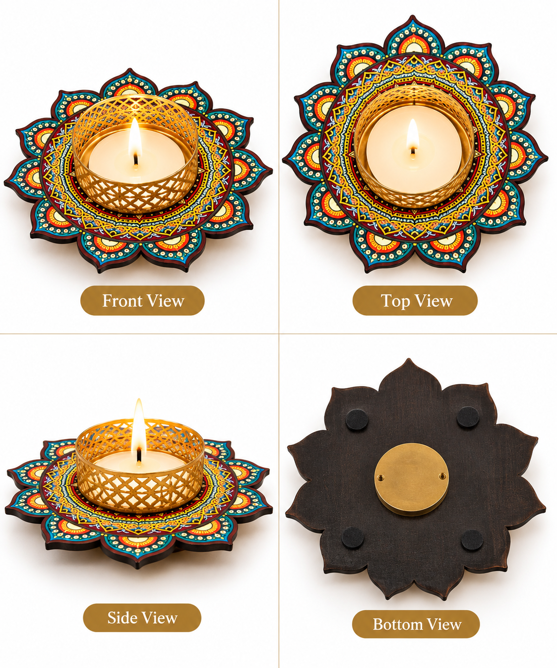Rangoli Glow Decorative Candle Holder – Premium Metal Lotus Tealight Stand | Festive Home Decor & Gifting