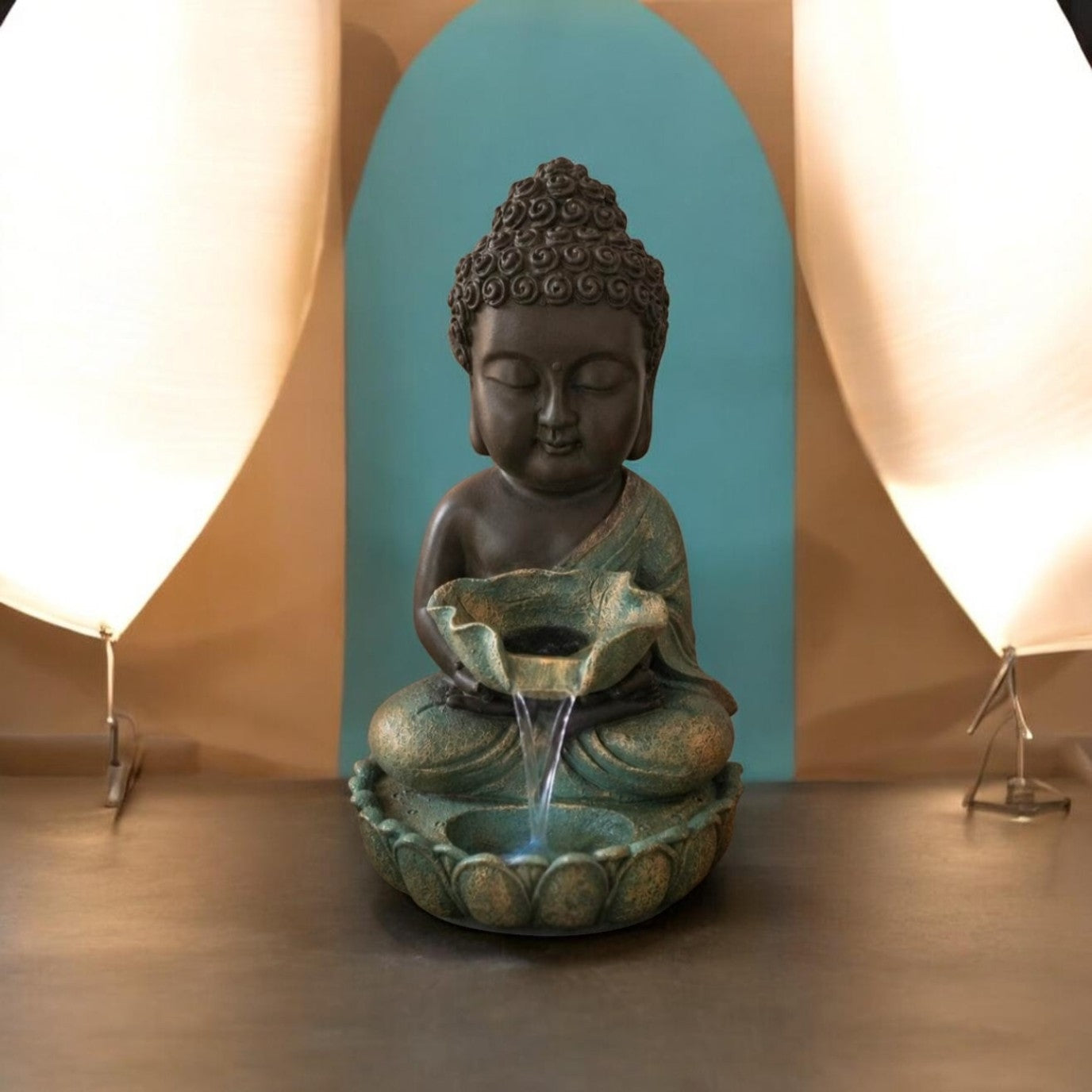 Meditating Buddha Indoor Water Fountain | Polyresin Zen Buddha Tabletop Waterfall | LED Light Fountain for Home, Office & Meditation Décor | Feng Shui Spiritual Showpiece