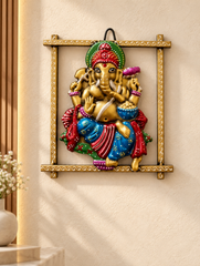 Lord Ganesha Wall Hanging for Home Decor | Handcrafted Ganpati Idol with Decorative Frame | Religious Wall Art for Living Room, Pooja Room & Office | 10 x 9 Inch