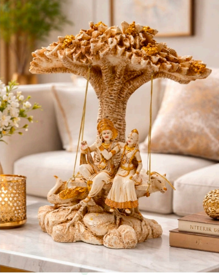 Radha Krishna Jhula Resin Showpiece with Wall Hanging | Lord Krishna & Radha on Swing Under Tree Idol | Religious Home Decor Statue | Spiritual Pooja Mandir Decoration | Decorative Gift for Housewarming & Festivals