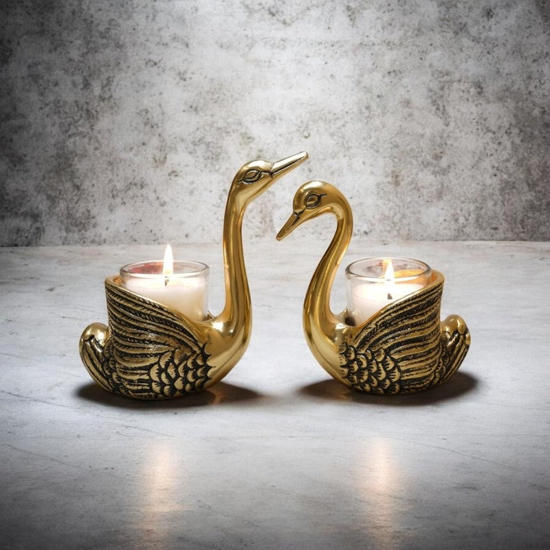 Golden Swan Tealight Candle Holder Set of 2 – Premium Decorative Metal Candle Stand for Home Decor, Dining Table & Gifting