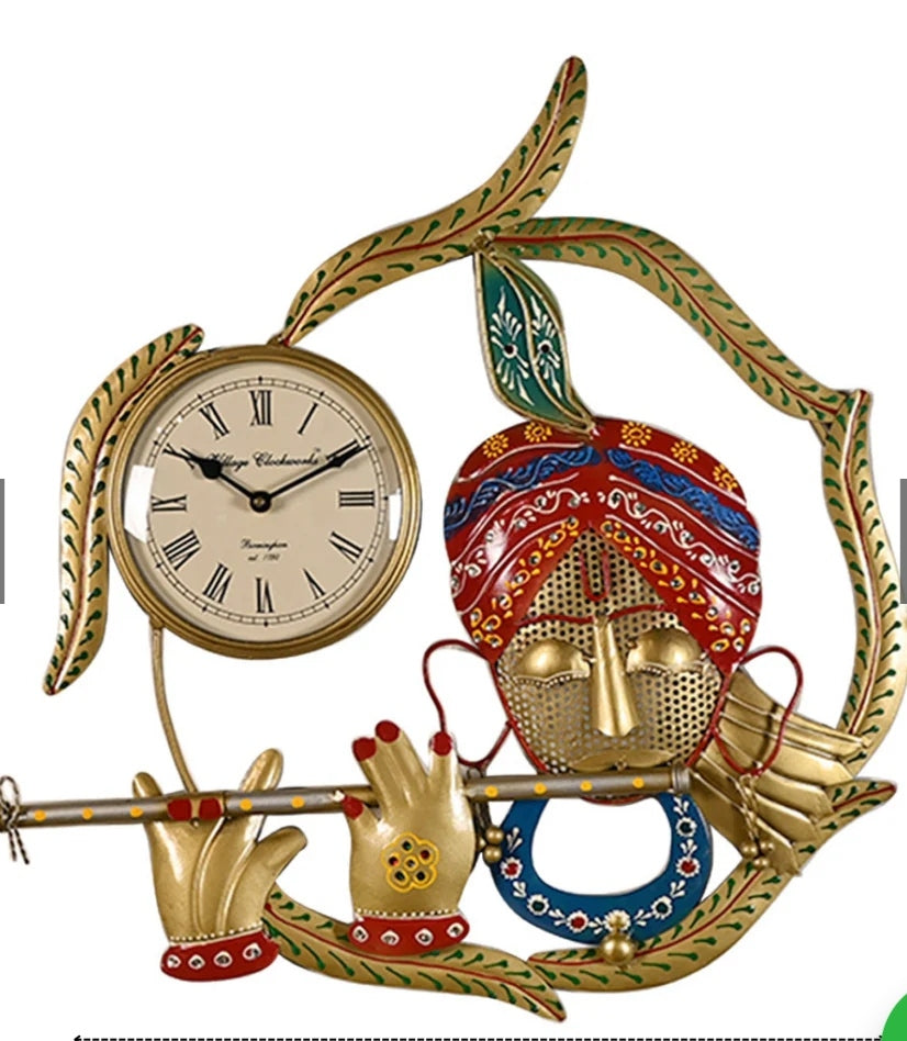 Handcrafted Metal Krishna Wall Clock for Home Décor | Lord Krishna Design Spiritual Wall Art for Living Room, Bedroom, Temple & Office | Elegant Religious Gift Item (Multicolour, Iron Art)