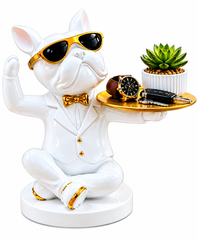 Premium White Bulldog Butler Showpiece with Gold Accents & Tray – 11 Inch