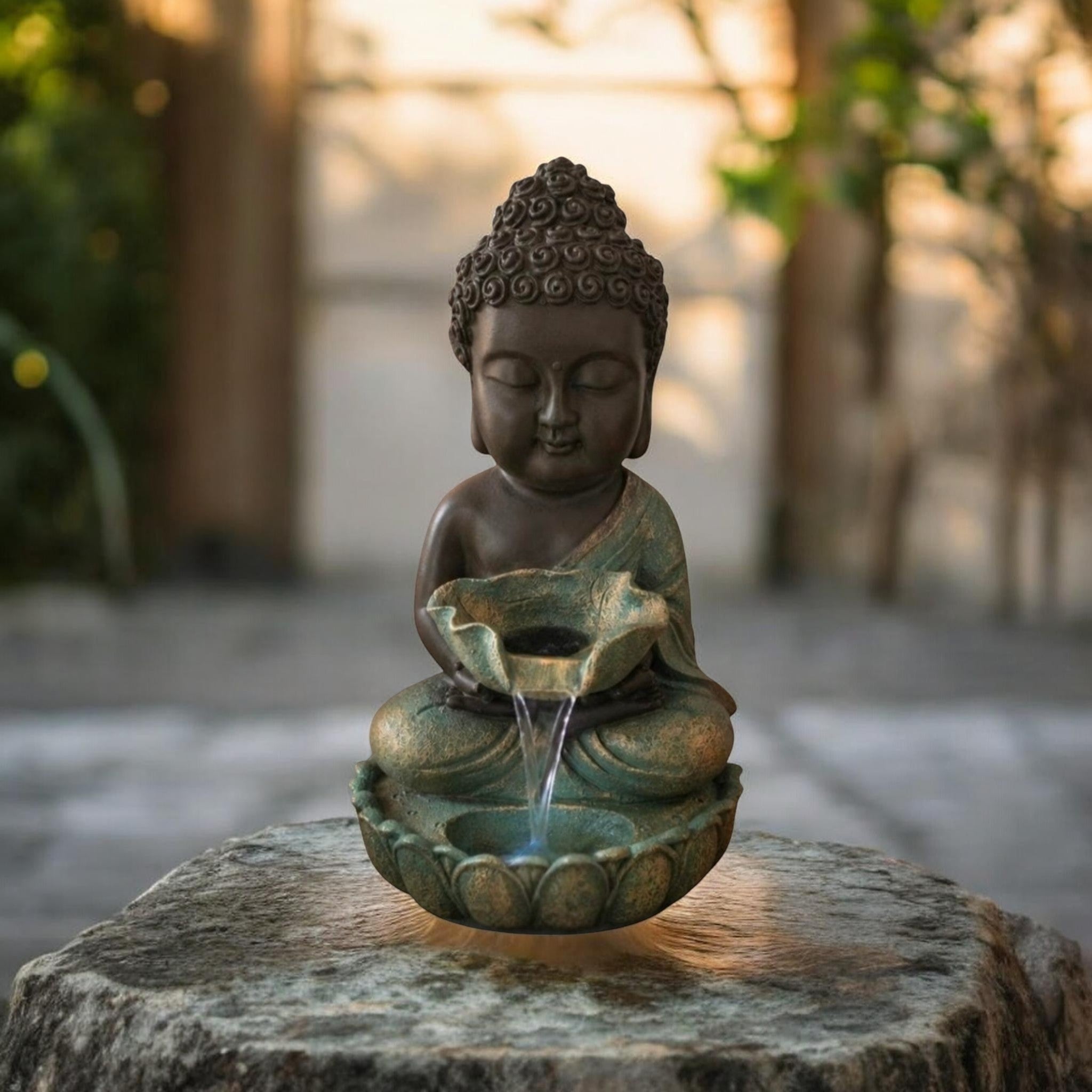 Meditating Buddha Indoor Water Fountain | Polyresin Zen Buddha Tabletop Waterfall | LED Light Fountain for Home, Office & Meditation Décor | Feng Shui Spiritual Showpiece