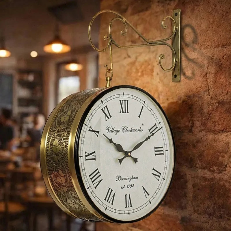 Timeless Platform Elegance – 6″ Double-Sided Vintage Railway Station Wall Clock in Shiny Gold