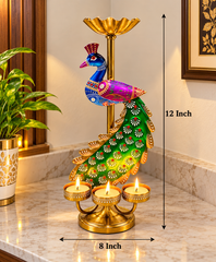Royal Peacock Diya Candle Holder – Handcrafted Brass 3-Tealight Decorative Stand | 12 × 8 Inch