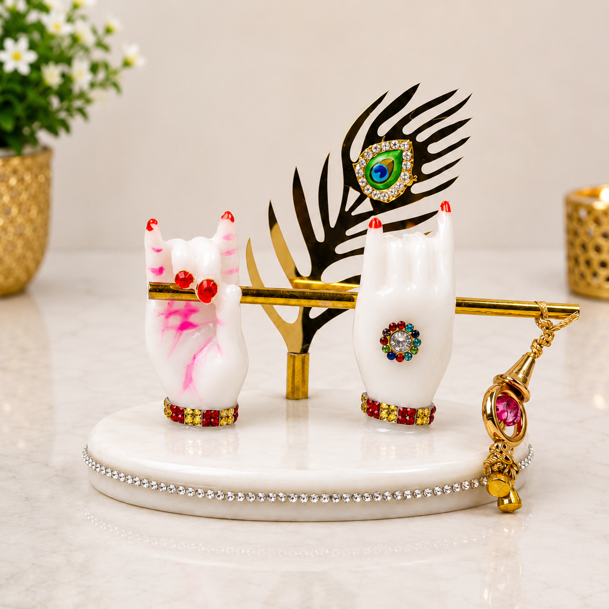 Premium Krishna Hand with Flute & Peacock Feather – Elegant Spiritual Home Décor
