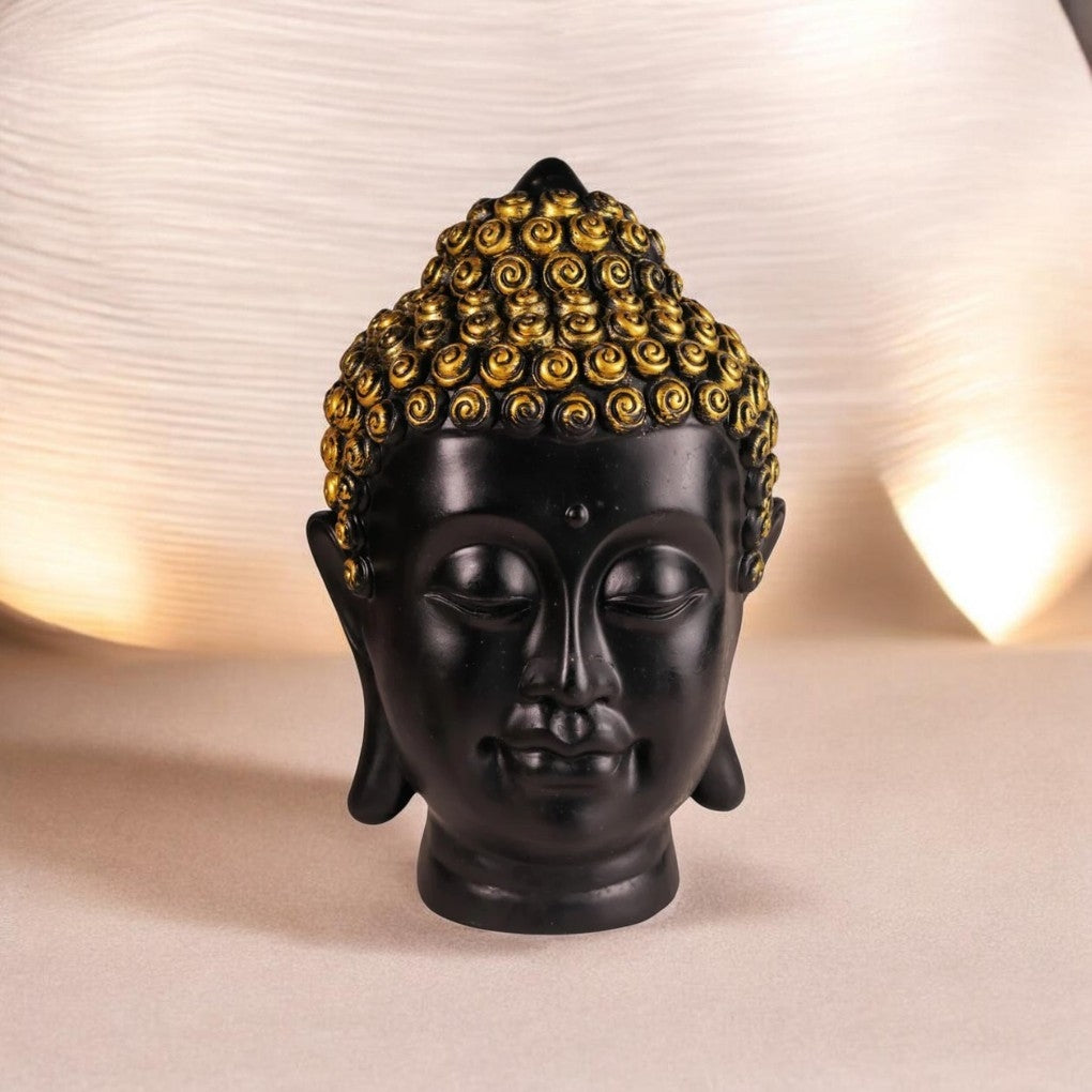 Premium Meditating Buddha Head Statue | Black & Gold Polyresin Buddha Face Showpiece | Spiritual Home & Office Décor