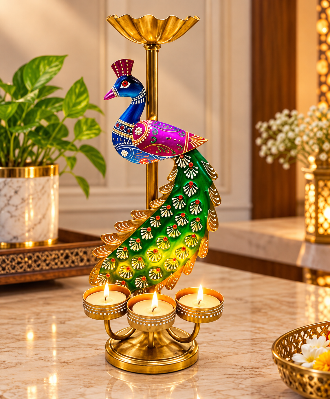 Royal Peacock Diya Candle Holder – Handcrafted Brass 3-Tealight Decorative Stand | 12 × 8 Inch