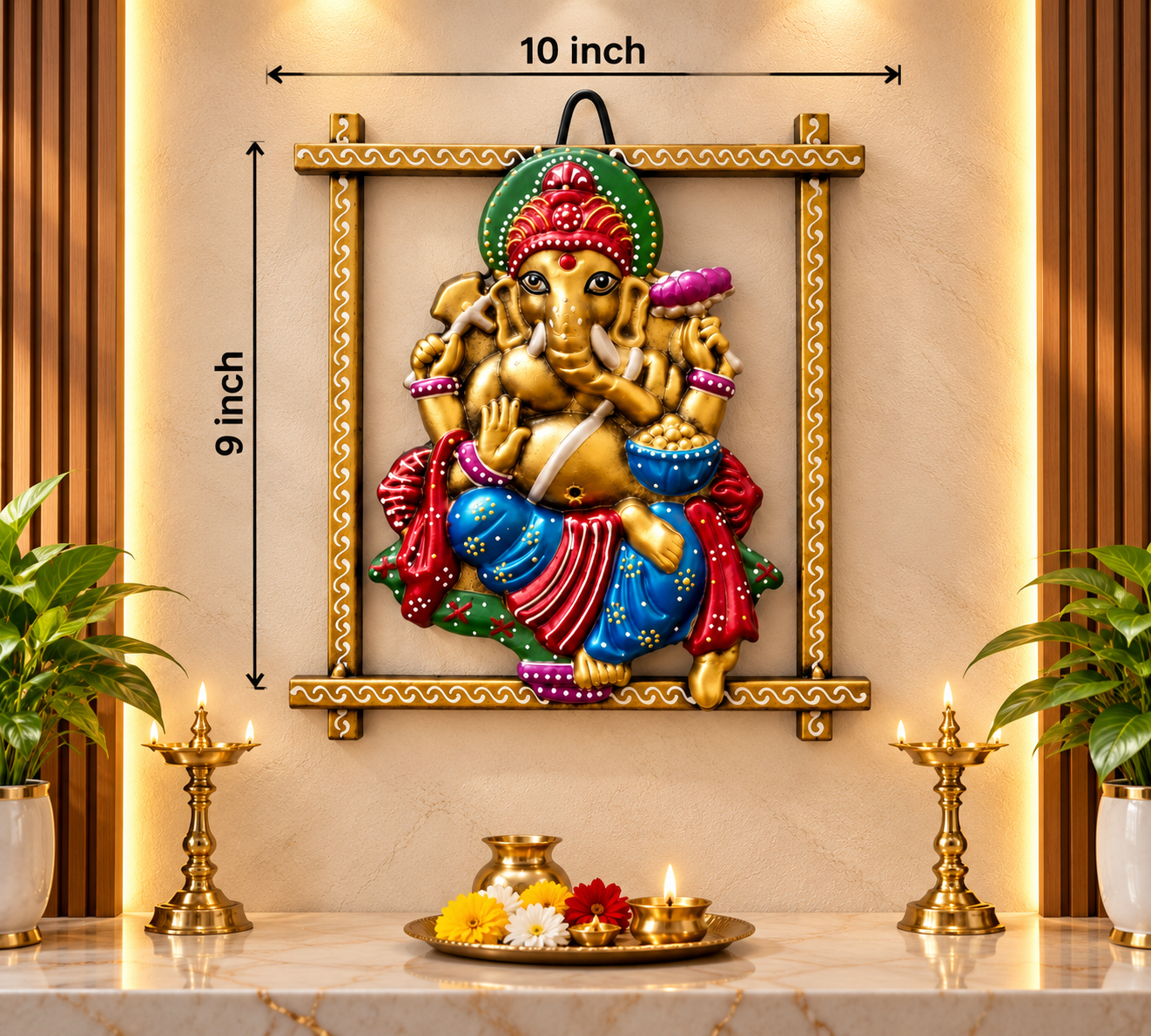 Lord Ganesha Wall Hanging for Home Decor | Handcrafted Ganpati Idol with Decorative Frame | Religious Wall Art for Living Room, Pooja Room & Office | 10 x 9 Inch