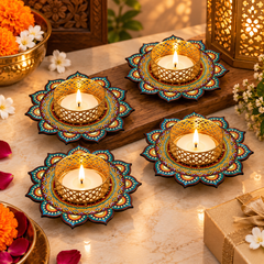 Rangoli Glow Decorative Candle Holder – Premium Metal Lotus Tealight Stand | Festive Home Decor & Gifting