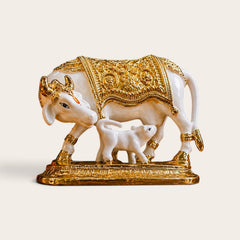 Kamadhenu Cow & Calf Statue – White and Golden Decorative Showpiece for Home, Pooja & Office